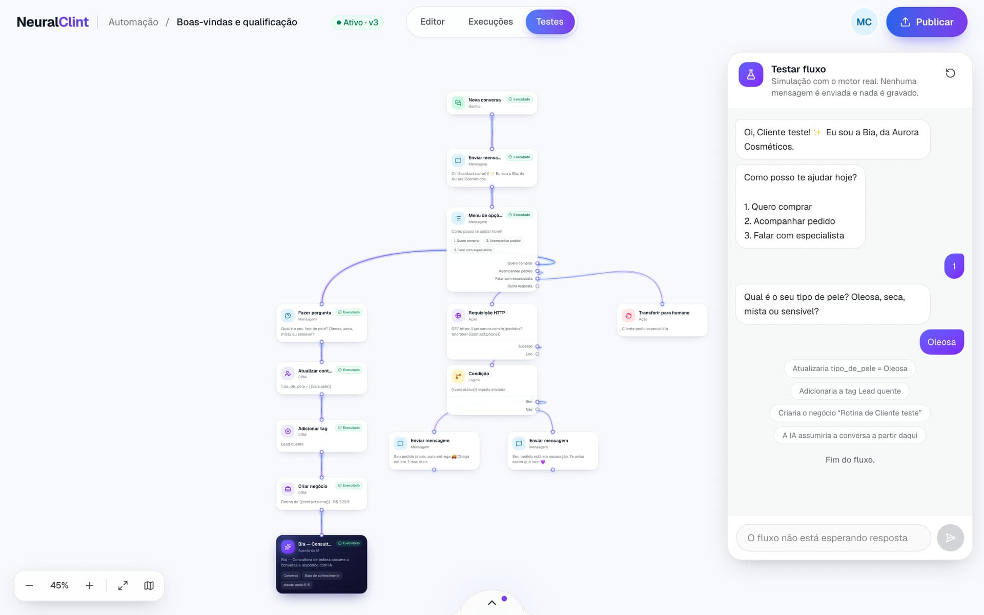 Painel Testar fluxo com a conversa simulada e o caminho destacado