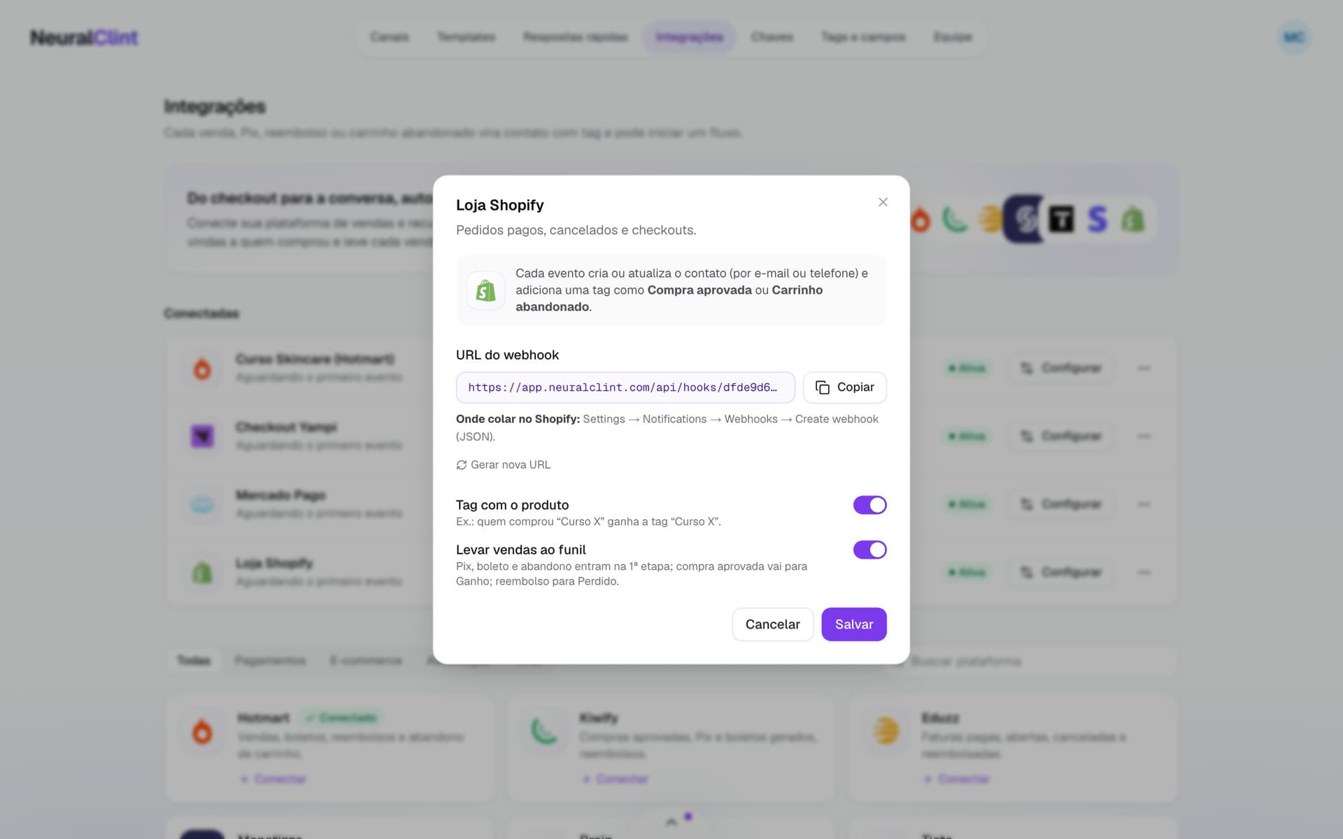 Configuração de integração com URL do webhook, tag do produto e levar ao funil
