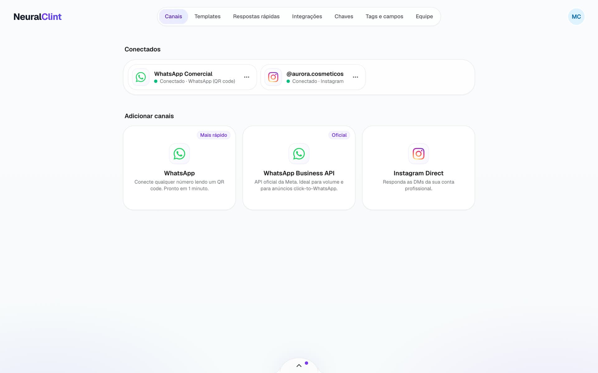 Página de canais com WhatsApp e Instagram conectados