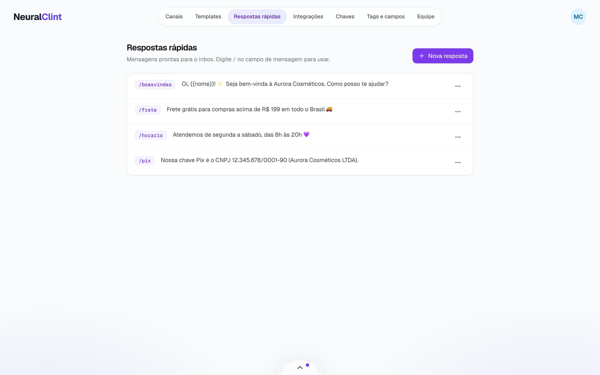 Lista de respostas rápidas